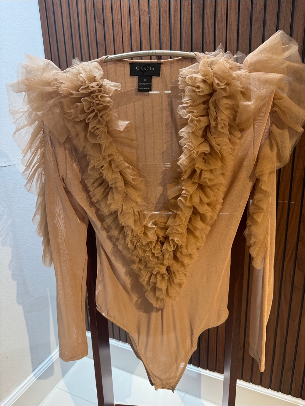 Gracia Tan Ruffle Deep V-Neck Long Sleeve Bodysuit - Picture 8 of 9